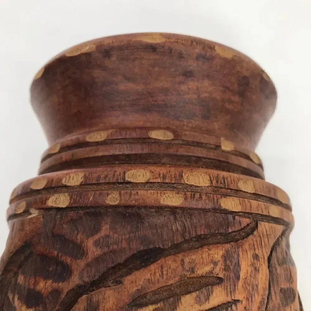 Wood Hand Carved Brown Turned Pedestal  Vase